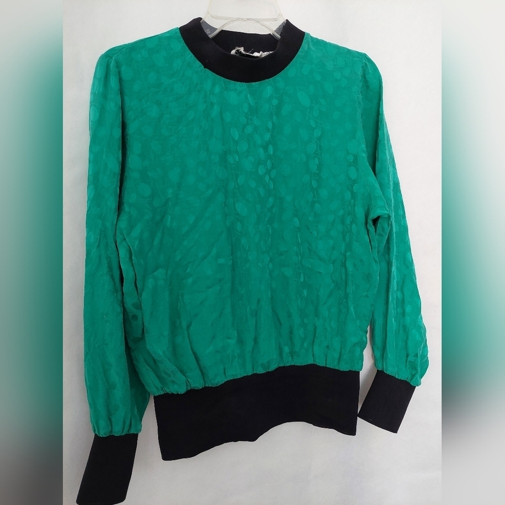 Vintage Oleg Cassini Green and Black Silk Women's Blouse